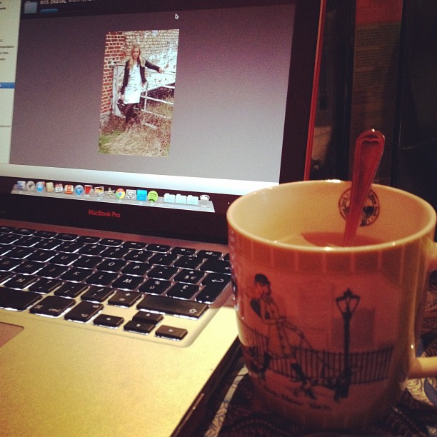 Drinking a hot chocolate while editing photos