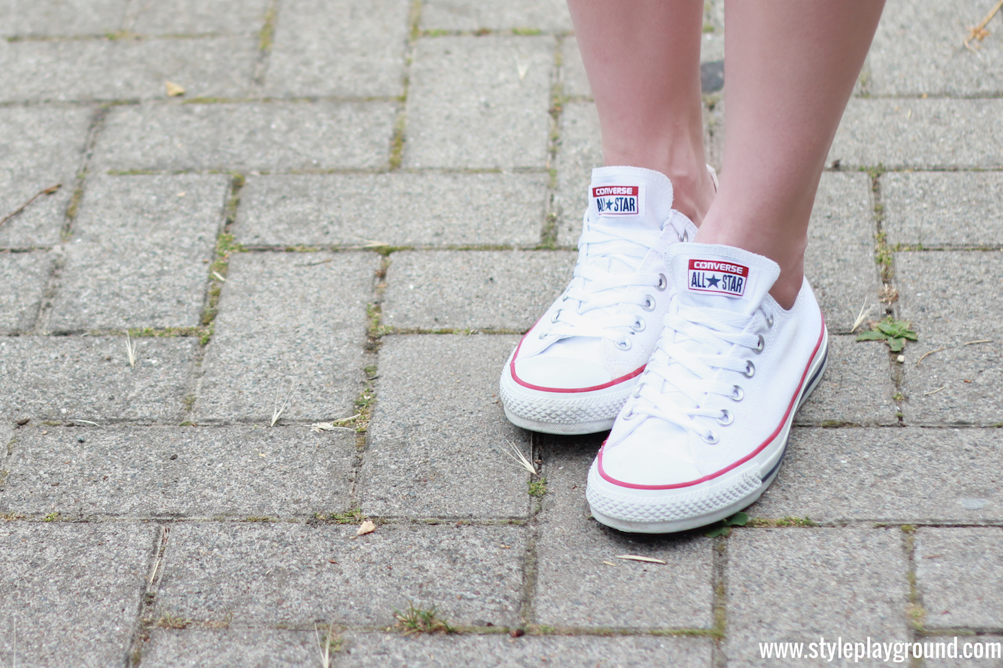 Axelle Blanpain from Style playground is wearing Zara shorts & t-shirt, white Converse sneakers, Chanel red WOC, Celine Audrey sunglasses