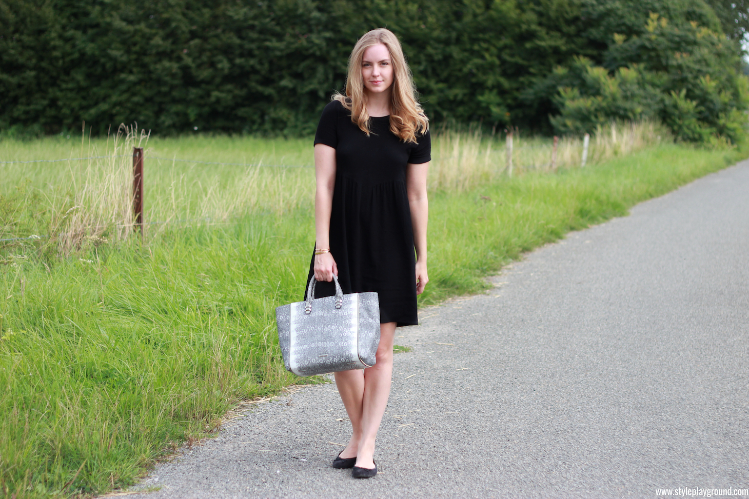 Axelle Blanpain of Style playground is wearing a Bash dress, Rebecca Minkoff mini Perry tote, H&M flats, Cartier love bracelet & Tiffany T bracelet