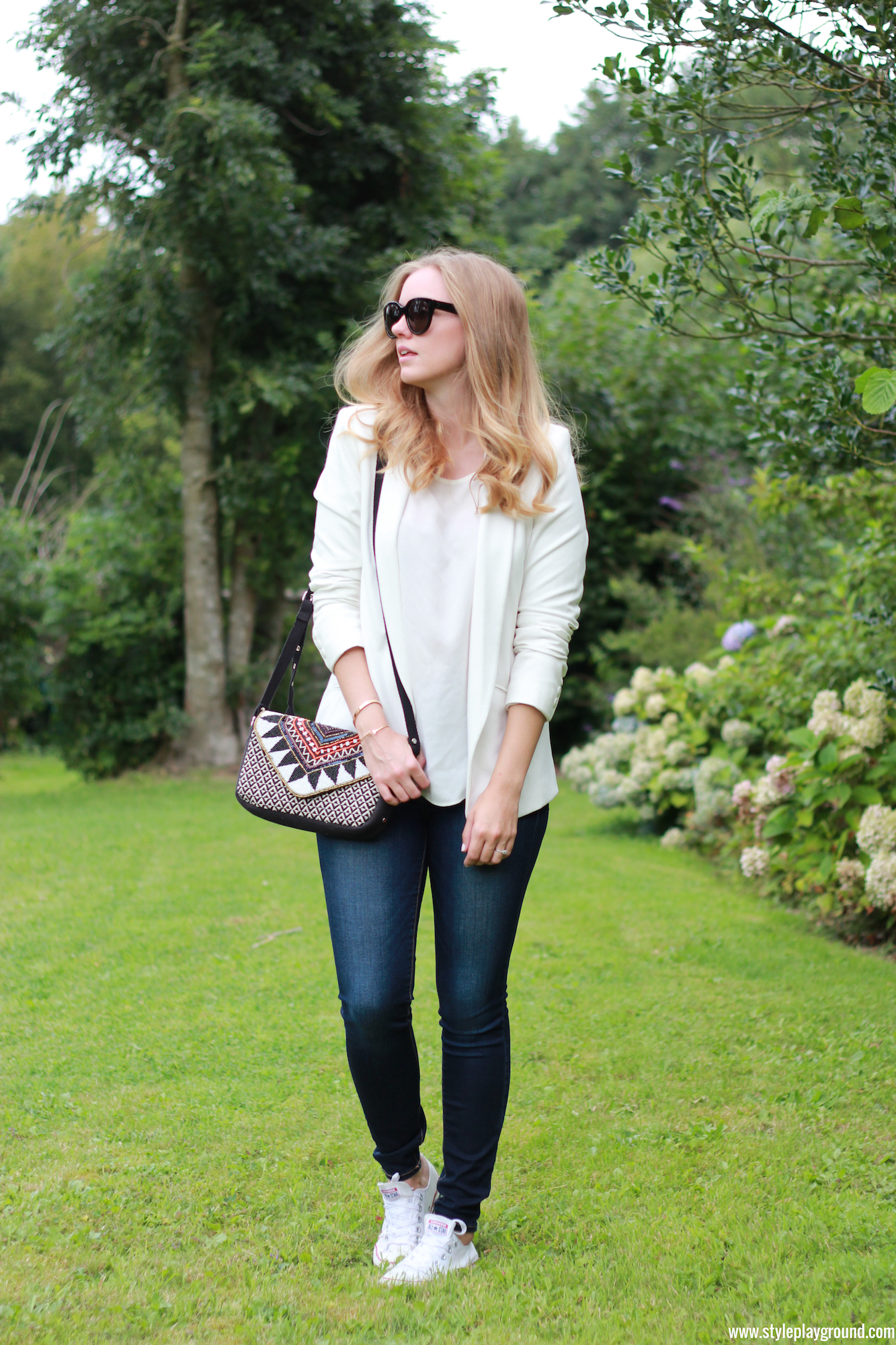 Axelle Blanpain of Style playground is wearing an Asos blazer, Mango top, American Eagle jeggings, white Converse, Celine Audrey sunglasses, S Oliver bag, Tiffany & Co T bracelet & Cartier love bracelet